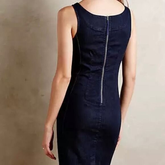 Anthropologie Ribboned Denim Dress Navy Blue Sheath Sleeveless with Waist Tie - Picture 3 of 8